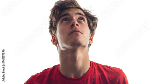 AI Image of a young man gazes upwards with curiosity and wonder against a dark expanse portraying