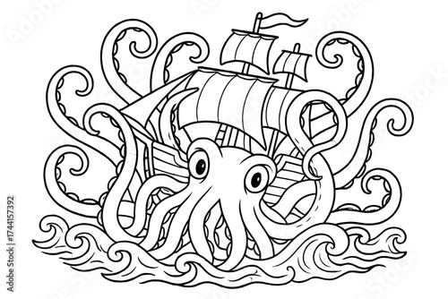 Kraken Grabs Ship. Magical creatures coloring page: kraken with long tentacles grabbing ship, ocean waves around, black and white