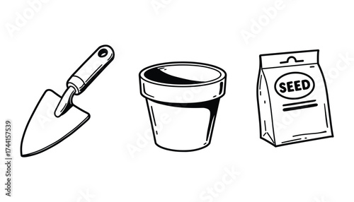 Trowel, Pot, and Seed Bag Illustration