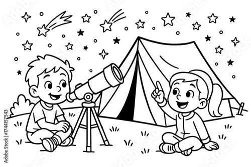 Stargazing Camping Scene. Camping coloring page: children stargazing with telescope, tent behind, shooting stars in sky, black and