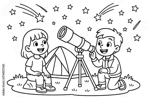 Stargazing Camping Scene. Camping coloring page: children stargazing with telescope, tent behind, shooting stars in sky, black and