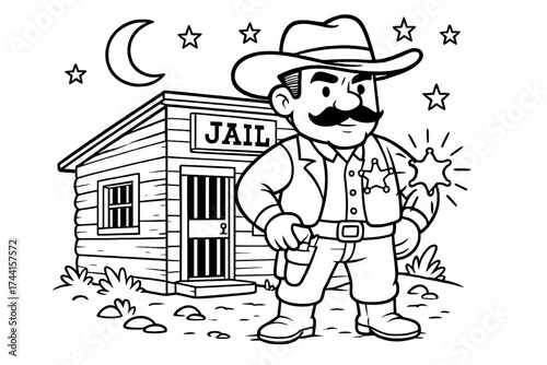 Sheriff's Starry Watch. Frontier adventure coloring page: sheriff standing in front of jailhouse, badge shining, stars in sky,