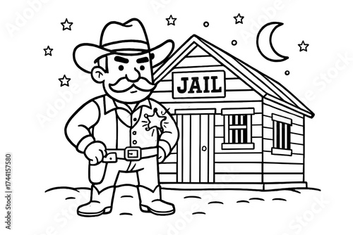 Sheriff's Starry Watch. Frontier adventure coloring page: sheriff standing in front of jailhouse, badge shining, stars in sky,