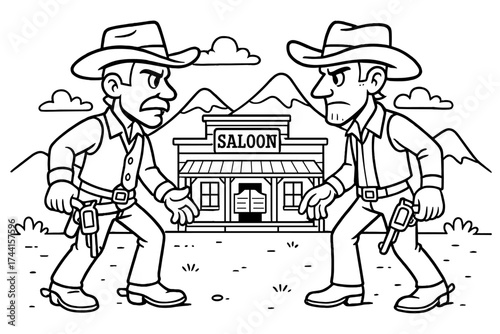 Cowboy Duel Scene. Cowboy duel coloring page: two gunslingers facing each other, saloon and mountains behind, black and white