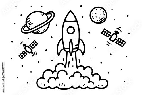 Doodle Rocket Launch. Doodle rocket launch with smoke, planets, and satellites in black and white isolated transparent background