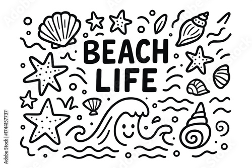 Beach Life Doodle. Doodle beach life with seashells, starfish, and happy waves in black and white isolated transparent background
