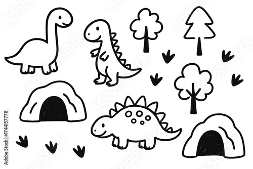 Dinosaur Doodle Landscape. Childlike doodle dinosaurs with caves, trees, and footprints in black and white isolated transparent