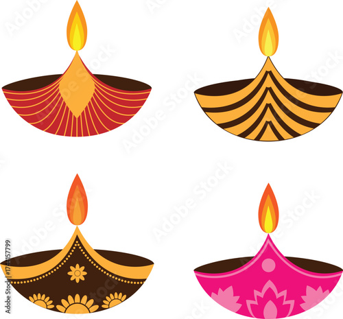 set of 4 Diwali Diya decorative, perfect for Diwali, Deepavali, or Indian festival designs. Ideal for use in greeting cards, posters, invitations, banners, and festive social media graphics