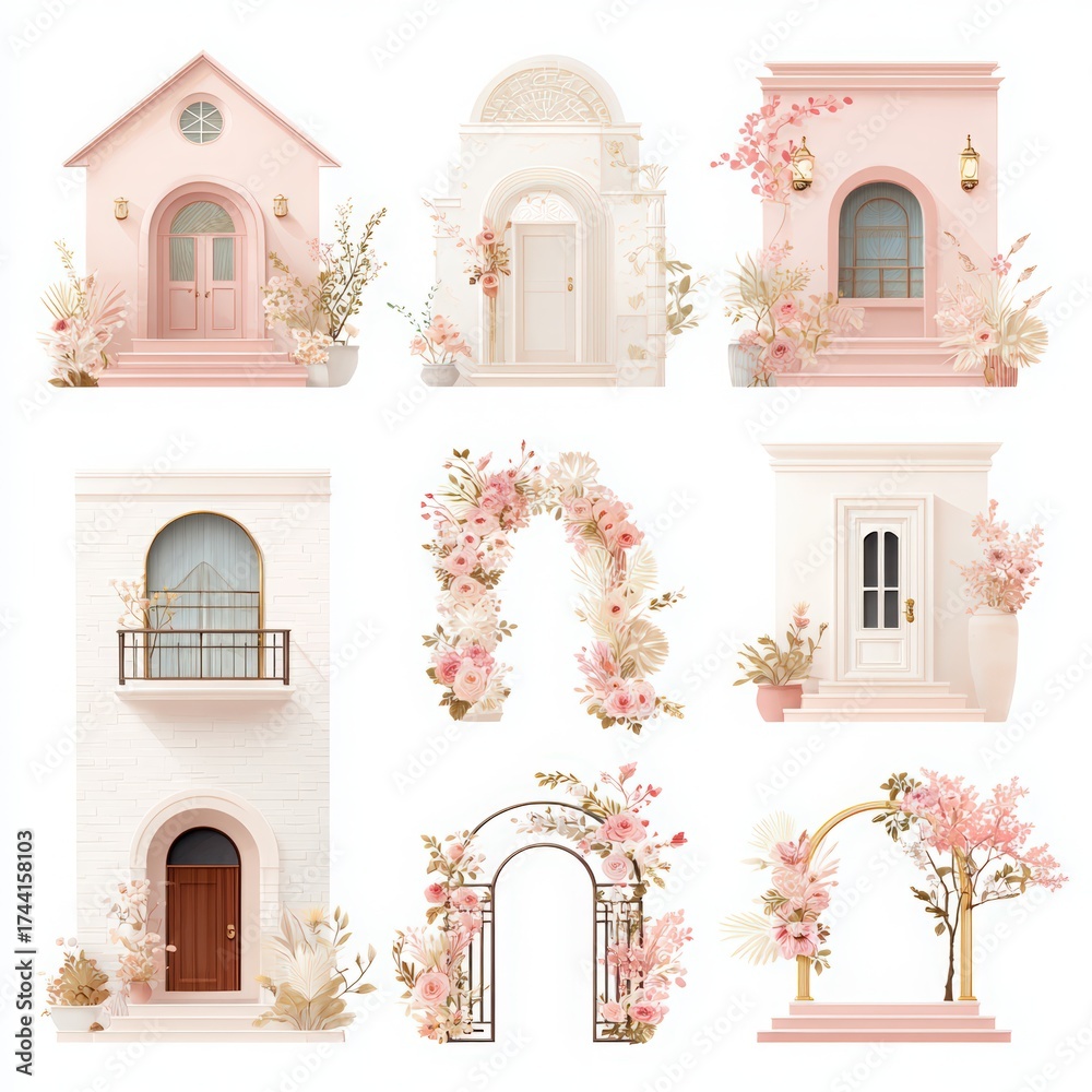 Fototapeta premium Charming pastel architectural elements with floral decorations