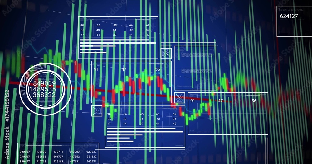 Fototapeta premium Dark blue grid filling screen when green bars rising while candlestick line animating marking peaks
