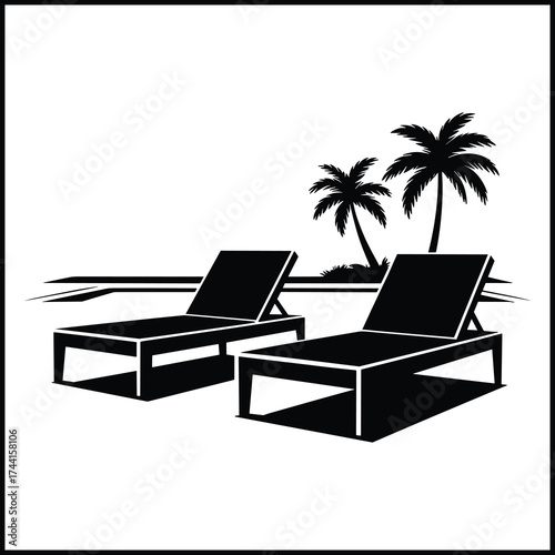 Two Modern Sun Loungers Beside Rectangular Swimming Pool Silhouette