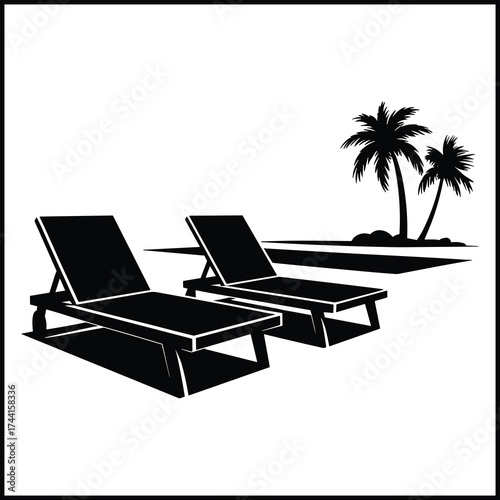 Two Modern Sun Loungers Beside Rectangular Swimming Pool Silhouette
