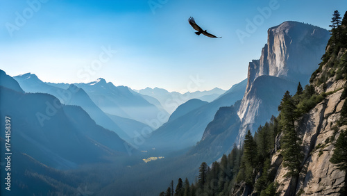 Majestic mountain valley with flying eagle under clear blue sky captured from high viewpoint perfect for travel destinations, freedom and adventure landscape concepts