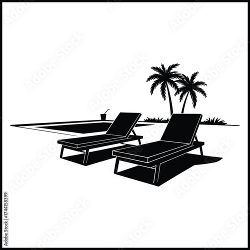 Two Modern Sun Loungers Beside Rectangular Swimming Pool Silhouette