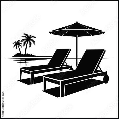 Two Modern Sun Loungers Beside Rectangular Swimming Pool Silhouette