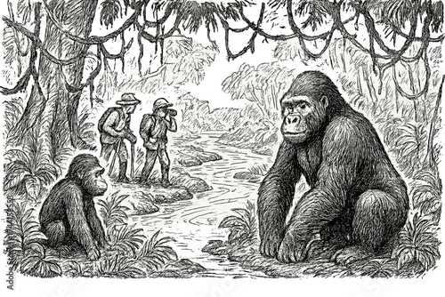 Jungle Adventure Illustration. Hand-drawn jungle exploration with gorillas, vines, and rivers in black and white isolated