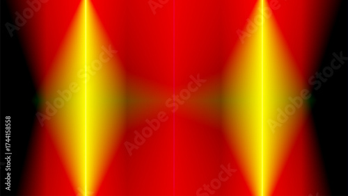 A striking symmetrical abstract background featuring two vertical, brilliant yellow-green light diamonds set against a deep red and black backdrop.