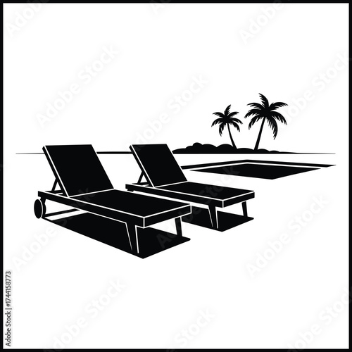 Two Modern Sun Loungers Beside Rectangular Swimming Pool Silhouette