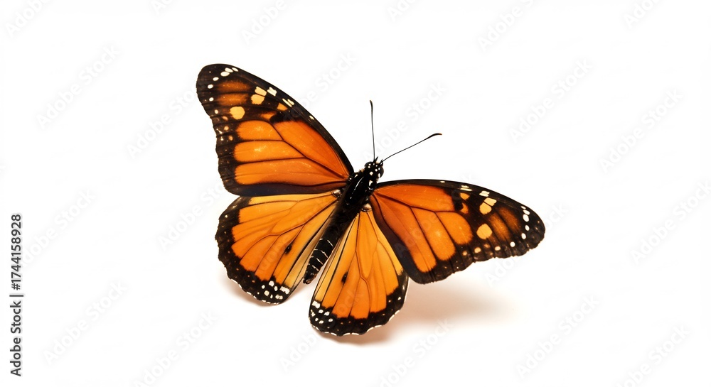 Fototapeta premium Papillon monarque orange vole gracieusement fond blanc lumiere douce. AI Generated