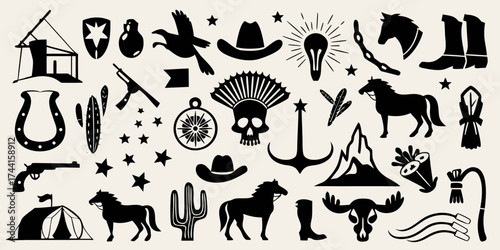 Collection of western and wild west silhouette icons including horses cowboys and desert elements