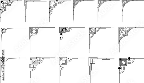 Elegant geometric corner ornament vector set with intricate art deco and modern line patterns, perfect for frames, borders, invitations, and architectural decorative design projects.