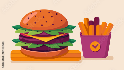 A cartoon drawing of a hamburger and fries on a table. The fries are in a purple container with a check mark on it