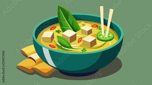 A bowl of soup with green beans and tofu. The bowl is blue and the soup is yellow