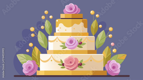 A three tier wedding cake with pink flowers and leaves. The cake is decorated with pink roses and leaves
