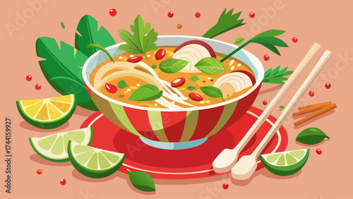 A colorful bowl of soup with a red and green rim and a bunch of lime slices on a plate. The soup is garnished with parsley and has a variety of vegetables in it