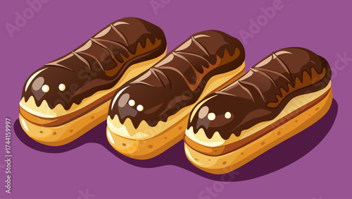 Three chocolate donuts are sitting on a purple background. The donuts are all different sizes and have different toppings. Concept of indulgence and enjoyment