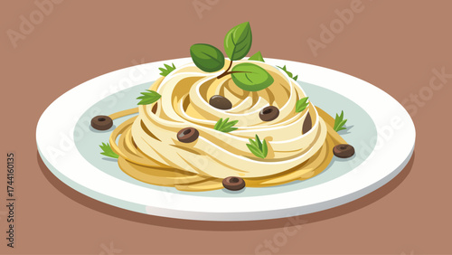 A plate of pasta with a green leaf on top. The pasta is covered in black olives and green herbs