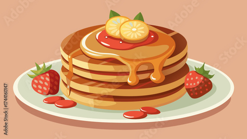 A stack of pancakes with syrup and fruit on top. The pancakes are piled high and the syrup is dripping down the sides. The plate is on a table and the strawberries are scattered around the plate