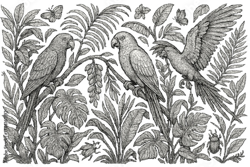 Monochrome Jungle Scene. Lively jungle artwork with parrots, exotic plants, and insects in black and white isolated transparent