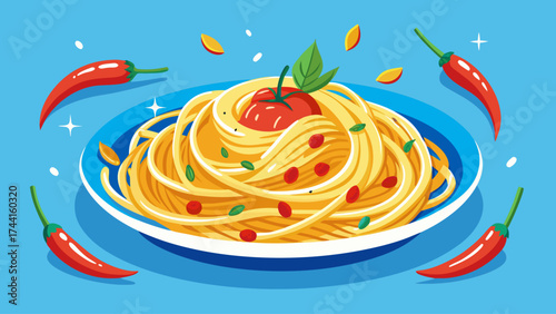 A plate of pasta with a tomato on top and a bunch of red peppers around it. The plate is blue and white