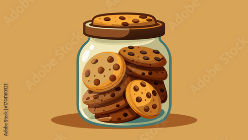 A jar full of chocolate chip cookies. The jar is on a brown background