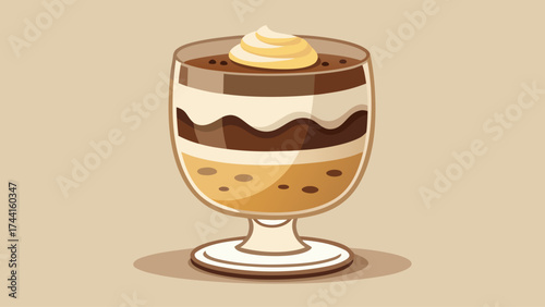 A glass of dessert with a white swirl on top. The dessert is a layered cake with a white frosting
