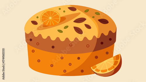 A delicious orange cake with a slice of orange on top. The cake is made with a rich, orange batter and is topped with a fresh slice of orange. The combination of the sweet cake