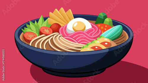 A bowl of food with a variety of vegetables and a fried egg. The bowl is blue and the food is colorful