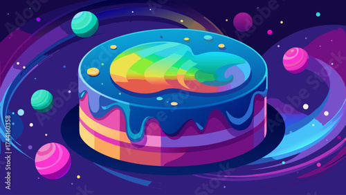 A colorful cake with a rainbow frosting sits on a table with a galaxy background. The cake is surrounded by a variety of colorful balls, some of which are closer to the cake and others further away