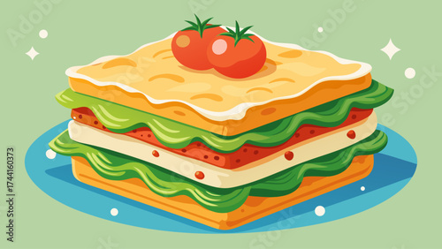 A sandwich with a tomato on top. The sandwich is cut into squares and is on a blue plate