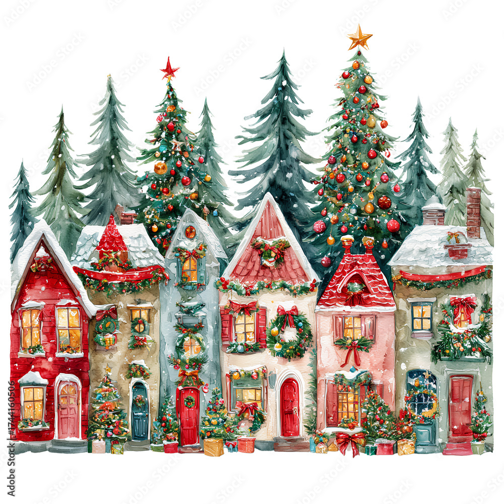 Fototapeta premium a whimsical watercolor illustration depicts a row of charming, snow-dusted houses decorated for christmas with brightly lit windows and festive evergreens.