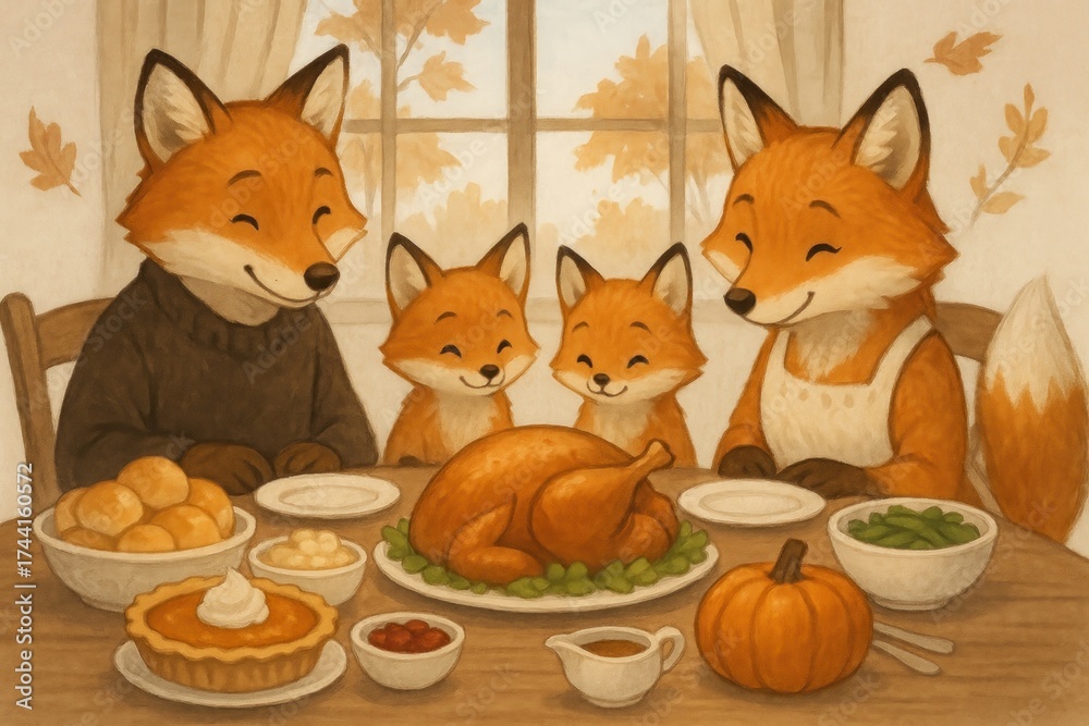 Fototapeta premium Charming fox family autumn feast