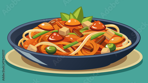A bowl of food with noodles and vegetables. The bowl is blue and the plate is white. The food is colorful and appetizing