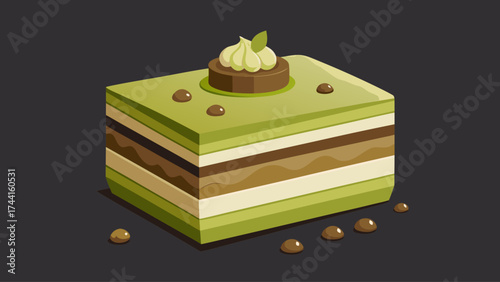 A green cake with chocolate and nuts on top. The cake is cut into layers and has a green frosting