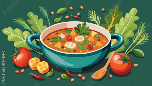 A bowl of soup with a variety of vegetables and spices. The soup is filled with tomatoes, peppers, and other vegetables. The bowl is placed on a green background