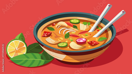 A bowl of soup with a lime on the side. The soup is full of vegetables and has a spicy flavor. The lime adds a tangy taste to the soup
