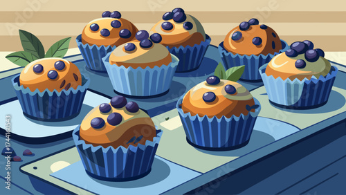 A tray of blue and yellow cupcakes with blue paper liners. The cupcakes are arranged in a neat row, with each one slightly different in size and shape. The blue and yellow colors create a cheerful