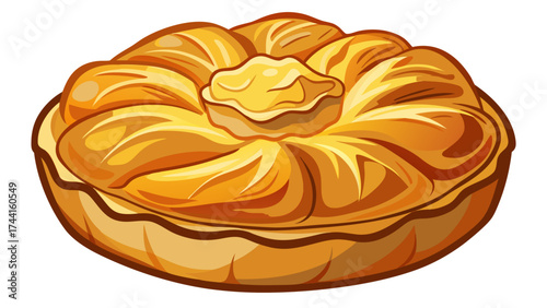 A yellow pastry with a flower on top. The pastry is round and has a golden crust. It looks delicious and inviting
