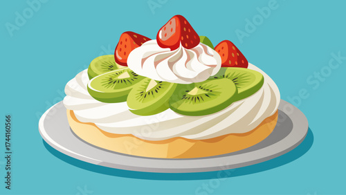 A slice of cake with strawberries and kiwi on top. The cake is white and has a light frosting