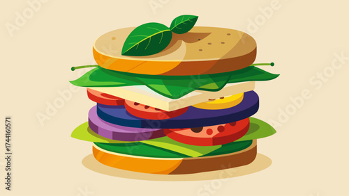 A sandwich with lots of vegetables and a leaf on top. The sandwich is very large and has a lot of different ingredients